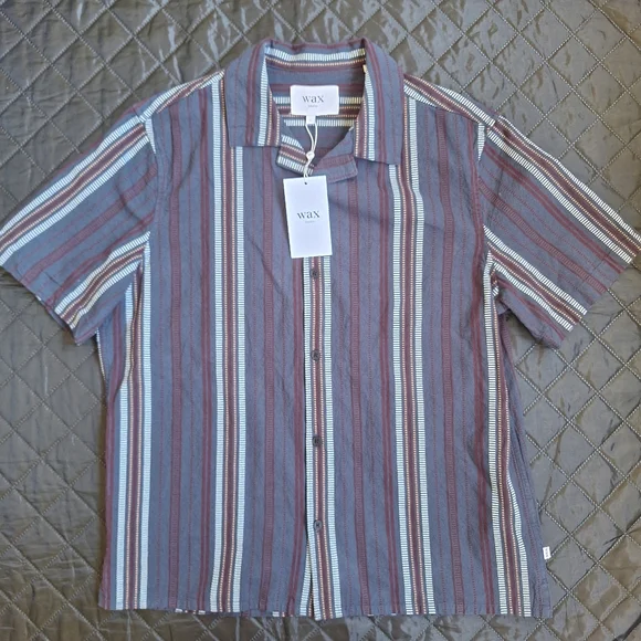 Wax London Men's Navy Dobby Striped Didcot Shirt L 100% Organic cotton NEW
